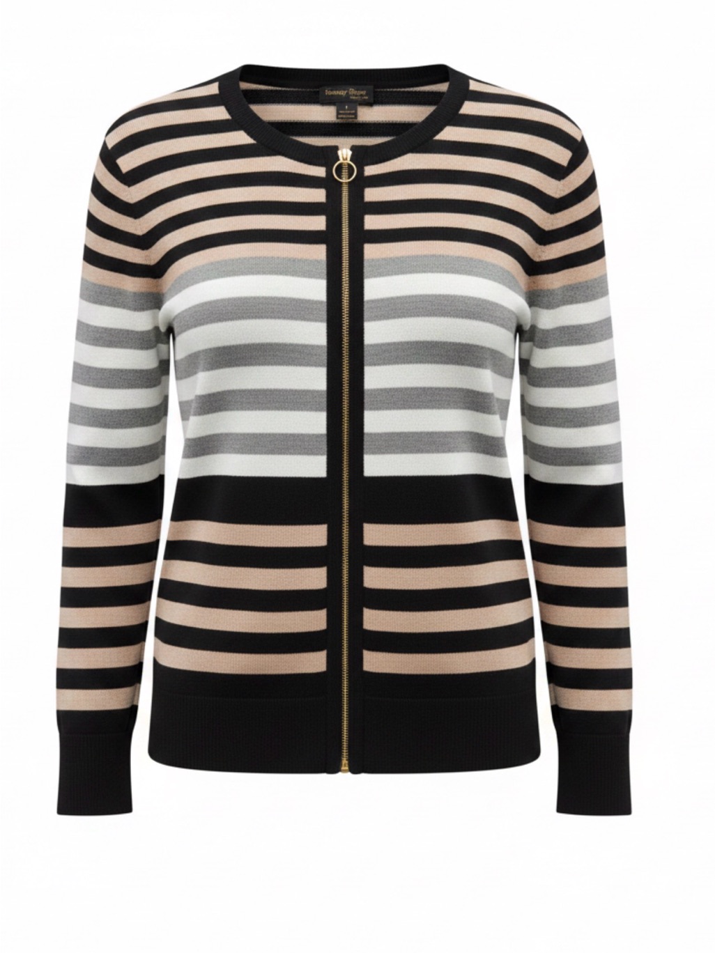 Tenney Rose Striped Zip-Front Cardigan Sweater. Black, Cream & Gray. Size Large